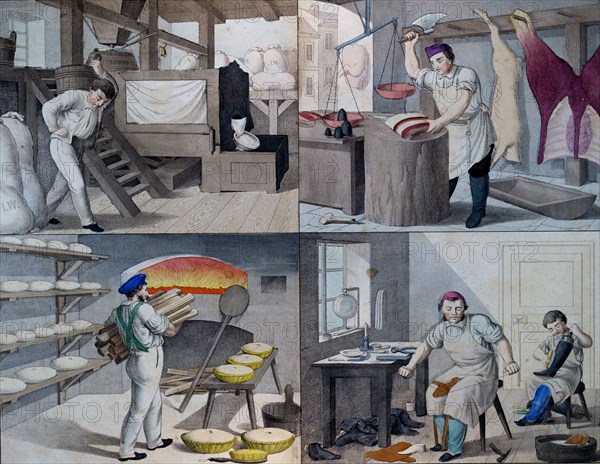 The bakery, the butchers, the shoemaker, 19th century lithograph, bread, oven, fire, baker, bake, flour, baked, boots, leather, craft, shoe, hammer, tool, handcraft, handwork, craftsman, soles, leather shoe, repairing, footwear, , butcher, slaughter, slaughter animals, meat, cuts of meat, butcher shop, butcher's shop, shop, butchery, slauthermen, sausage, sausage making, meat cutter, charcuterie, traditional sausage making, knife, food and drink, liszt gourmet archive