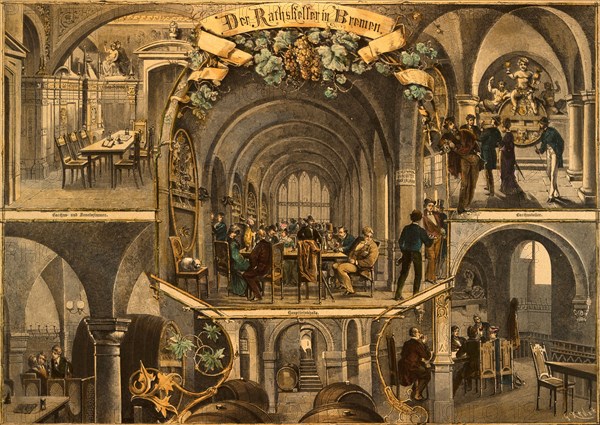 Ratskeller restaurant in Bremen Germany by Wilhelm Wiegmann, 1851-1920, berlin, Germany. 19th century, food and drink, liszt gourmet archive, bottles, glasses, drinking, barrel, barrels, bachus cellar, kneipwinkel, senetars room, rosenkeller