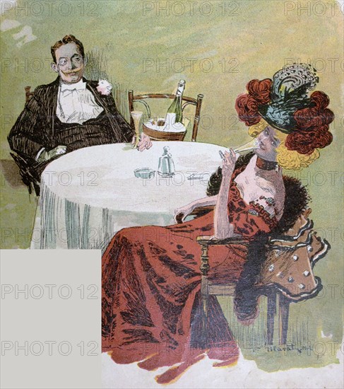 Drinking champagne by Franz Hlavaty, 1861-1917, german . Man , woman, table, champgne, glasses, champagne cooler, elegant dress, hat, drink, alcohol, celebration, glass, happiness, caucasian, europe, germany, glamour, romance, food and drink, liszt gourmet archive