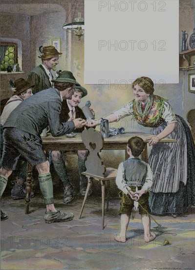 In the pub by Josef Mukarovsky, 1851-1921, German. man, woman, child, boy, beer jug, folk dress, hat, german folk dress, food and drink, liszt gourmet archive, drink, drinking, interior, 19th century