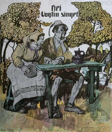 Frei voglin singet  by Ferdinand Gotz, 1874-1936, German. In the garden, drinking, man, woman, outdoors, folk dress, talking, food and drink, liszt gourmet archive, bench, table, trees, green