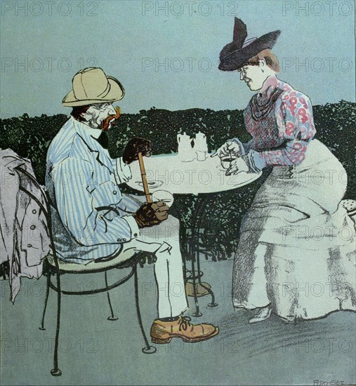 Drinking coffee by Ferdinand Gotz, 1874-1936, German. man, woman, coffee, table, coffee pot, coffee cup, around 1900, belle epoque, outdoors, elegant dress, hat, food and drink, liszt gourmet archive