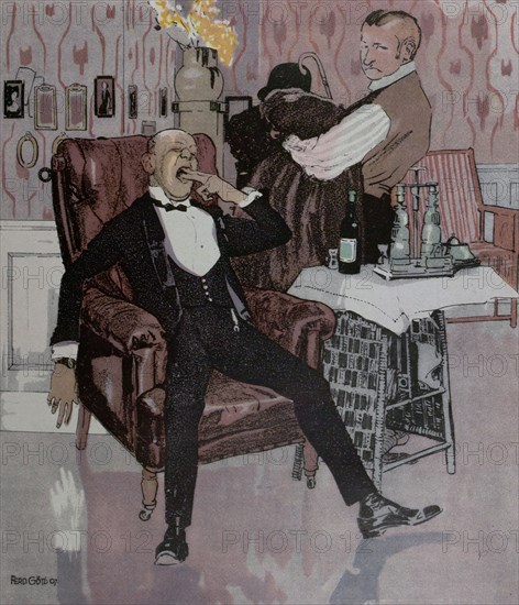 The nightcap by Ferdinand Gotz, 1874-1936, German, alcoholic beverage before going to bed. glass, bottle, man, servant, butler, relaxtation, liquid, alcohol, food and drink, liszt gourmet archive, elegance, liquor, cartoon, coat, hat, umbrella, interior, 1900, table, chair