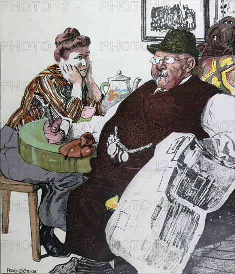 Coffee at the table by Ferdinand Gotz, 1874-1936, German. man, woman, 1900, watch chain, coffeepot, food and drink, liszt gourmet archive, hat, newspaper, table, moustache