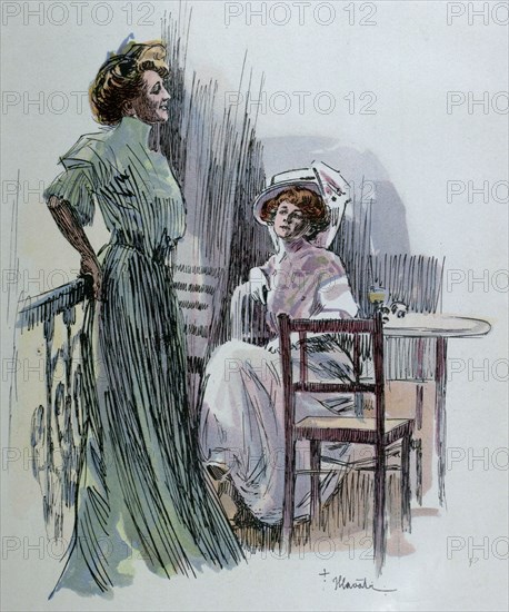 Having a drink by Franz Hlavaty, 1861-1917. food and drink, liszt gourmet archive, glass, lady, ladies, table, hat, dress, fashion, chair