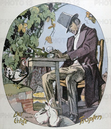 A glass of wine by Ferdinand Gotz, 1874-1936, German. food and drink, liszt gourmet archive, glass, bottle, wine, alcohol, garpes, vines, garden, outdoors, table, chair, chicken, elegant dress, man, hat, bunnies, bunny, rabit, rabits