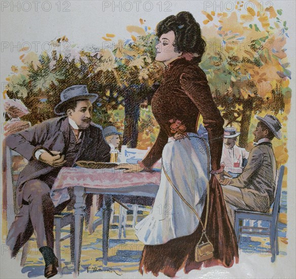 The waitress by Franz Hlavaty, 1861-1917, German. food and drink, liszt gourmet archive, restaurant, outdoor, service, people, man, woman, male, female, caucasian, europe, germany, apron, smiling, serving, catering