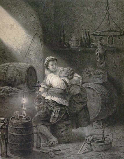 Love in the winecellar, barrel, wine, man, woman, male, female, barrel, bottle, glass, candle, 19th century, food and drink, liszt gourmet archive, cellar, storage, alcoholic, wine-barrel, alcohol