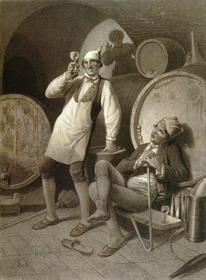 Wine cellar, drinking a glass of wine, two men, wine barrels, winery, storage, alcohol, alcoholic, beverage, underground, viticulture, 19th century lithography