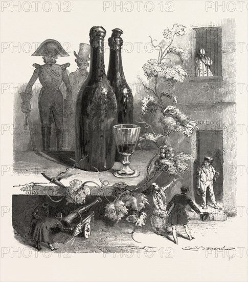 Wine bottles and glass by Emile Bayard, 1837 - 1891, France. food and drink, liszt gourmet archive, vine, wine, winery, vines, people, wineglass, wine-glass, 19th century, 1800s