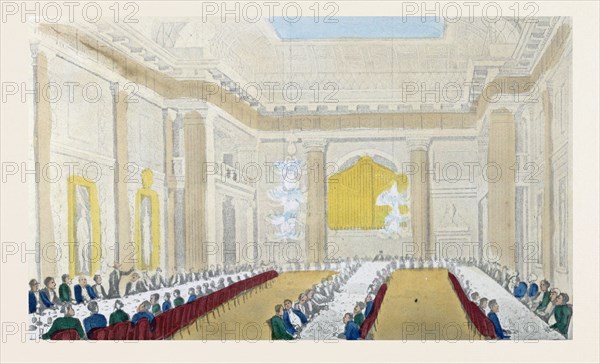 Dr. Syntax at free mason's hall, London, UK, which has a masonic meeting place since 1775, drawn by Rowlandson, circa 1820. food and drink, dining table, people, dinner, 19th century coloured aquatint., liszt gourmet archive