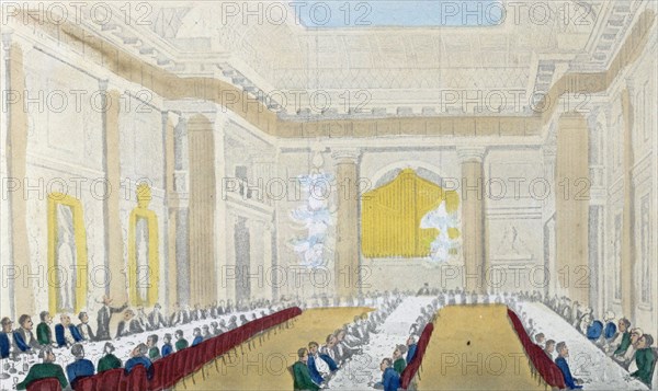 Dr. Syntax at free mason's hall, London, UK, which has a masonic meeting place since 1775, drawn by Rowlandson, circa 1820. food and drink, dining table, people, dinner, 19th century coloured aquatint., liszt gourmet archive