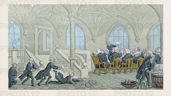 Dr. Syntax entertained at college, drawn and etched by Rowlandson, circa 1819. food and drink, people, dinning table, bottles, waiters, liszt gourmet archive