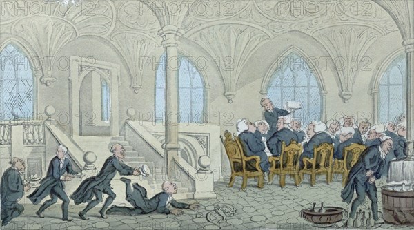 Dr. Syntax entertained at college, drawn and etched by Rowlandson, circa 1819. food and drink, people, dinning table, bottles, waiters, liszt gourmet archive