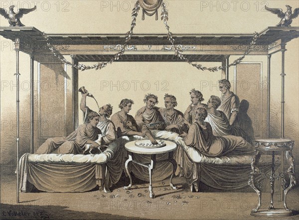 Triclinium, dinner in a formal Roman dining room, food and drink, man, interior, couch, chaise longue, klinai, feasting, roman domestic life, triclinia, 19th century engraving, liszt gourmet archive