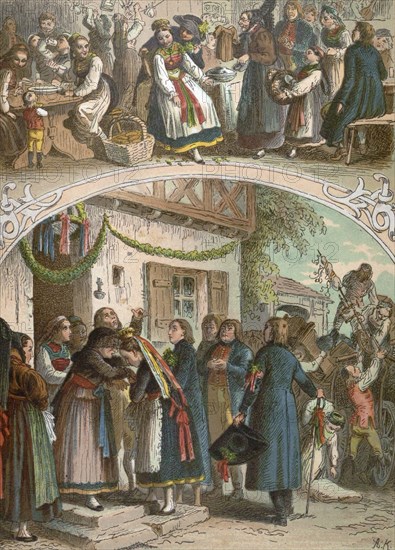 Traditional hungarian wedding, Hungary, 19th century, bride, groom, man, woman, food and drink, folk dress, village, wedding guests, liszt gourmet archive