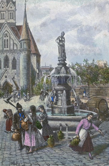 Water fountain in Szeged Hungary, 19th century. water, waterjugs, jugs, women, man, barrel, liszt gourmet archive, wet, splash, liquid, thirst, city, church, square, trees, folk dress