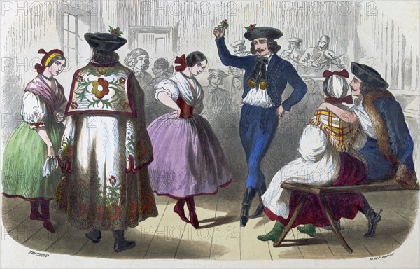 Hungarian dancers by Auguste Trichon, 1814-?, French. dancer, dance, woman, girl, pose, traditional, folk dance, folk costume, folk dancers, 19th century, music, violin, liszt gourmet archive