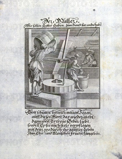 Miller, a person who operates a mill, old master print, 17th century, 1600s, 1700s, engraving, liszt gourmet archive. milne, mueller, molnar, molinero, molinari