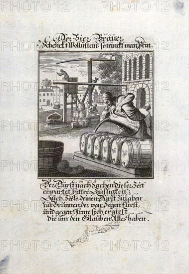 The brewer, old master print, 17th century, 1600s, 1700s, engraving, liszt gourmet archive, brewery, beer, occupation, purity law, german purity law, caucasian, europe, germany, alcohol, drink