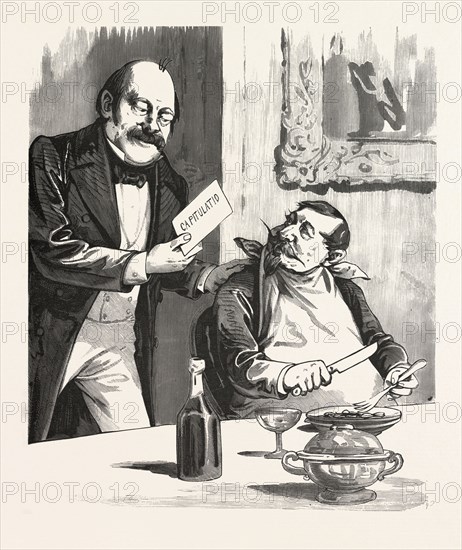 Having dinner after the capitulation, Paris, France, 19th century, franco prussian war, 1871, wine bottle, liszt gourmet archive, glass, plate, dinner table, man, knife