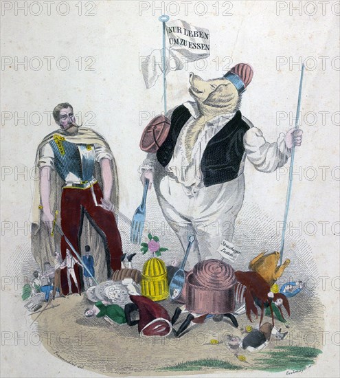 Living to eat, cartoon by Leopold Zechmayer, 1805 - circa 1860, Austrian artist, Austria. Eating too much is killing us more than the war. lobster, chicken, meat, pig, man, bodies, Strassburger pastete, Strasbourg Pie, Foie gras of Srasbourg, spoon, fork, sable, sword, liszt gourmet archive