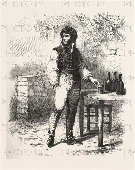 A glass of wine in the garden, the count of monte christo, caderousse, alexandre Dumas, 1844, historical novel, adventure fiction, romance novel, fiction, wine, bottle, bottles, winebottle, wineglass, alcohol, alcoholic, liszt gourmet archive, 19th century