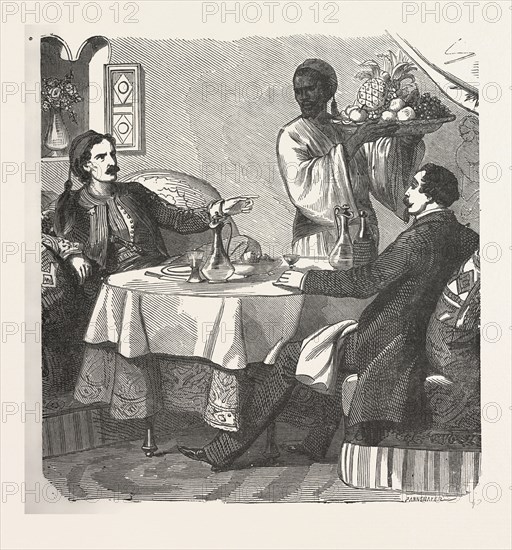 The count of monte christo alexandre Dumas, 1844, historical novel, adventure fiction, romance novel, fiction, wine, bottle, bottles, winebottle, wineglass, alcohol, alcoholic, liszt gourmet archive, 19th century, men, man, servant, dinner table, plate, knife, fruit, fruits, ananas, grapes, flowers, elegant, talk