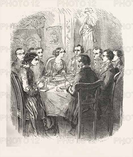 Dinner, the count of monte christo alexandre Dumas, 1844, historical novel, adventure fiction, romance novel, fiction, wine,  wineglass, alcohol, alcoholic, liszt gourmet archive, 19th century, champane, champagne glass, fish, dinner table, people, talking, champagne flute, stem glass, champagne coupe, champagne saucer