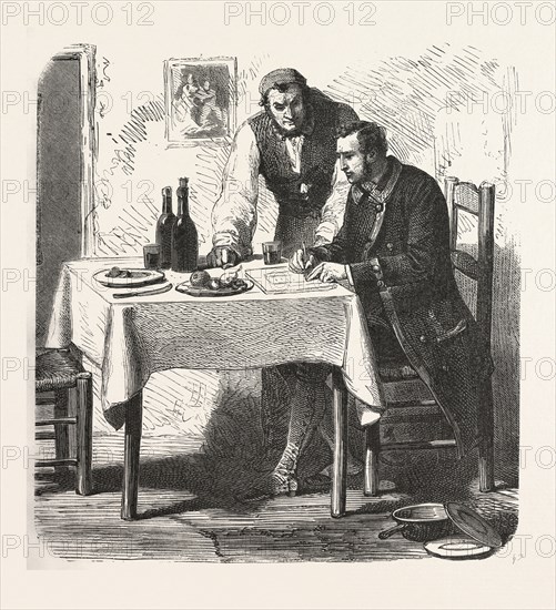 Caderousse, the count of monte christo alexandre Dumas, 1844, historical novel, adventure fiction, romance novel, fiction, wine, bottle, bottles, winebottle, wineglass, alcohol, alcoholic, liszt gourmet archive, 19th century, man, men, table, fruits, food