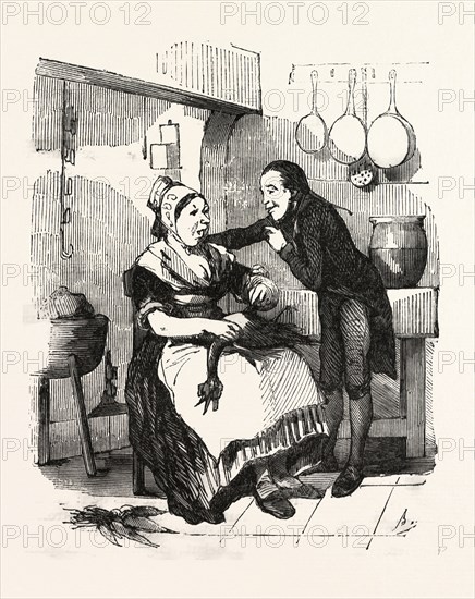 The cook and her admirer in the kitchen, cleaning a goose, by Bertall, 1820-1882, Paris, Soyons, France, Europe, 19th century. According to other contemporaries, Bertall has as an illustrator strong originality and as a cartoonist perhaps less finesse and elegance as Gavarni and less grotesque than Daumier, but he is sparkling with gaiety and originality. food and drink, France, 19th century, man, woman, pots, pans, fire place, traditional folk dress, carrots, liszt gourmet archive