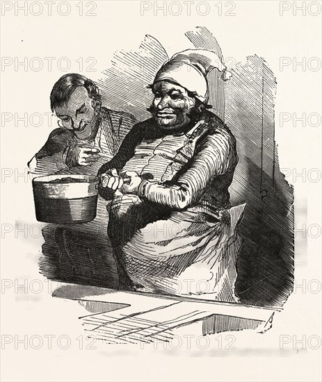 The cook and his pan, by Bertall, 1820-1882, Paris, Soyons, France, Europe, 19th century. According to other contemporaries, Bertall has as an illustrator strong originality and as a cartoonist perhaps less finesse and elegance as Gavarni and less grotesque than Daumier, but he is sparkling with gaiety and originality. food and drink, pans, cookware, kitchen, liszt gourmet archive