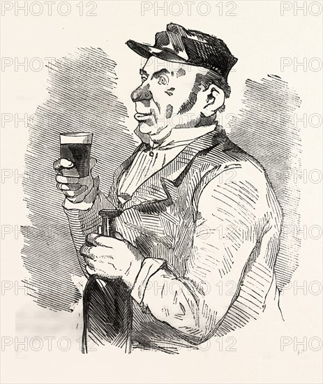 The concierge of the Roche-Noire castle drinking on the health of the count,  by Bertall, 1820-1882, Paris, Soyons, France, Europe, 19th century. According to other contemporaries, Bertall has as an illustrator strong originality and as a cartoonist perhaps less finesse and elegance as Gavarni and less grotesque than Daumier, but he is sparkling with gaiety and originality. food and drink, liszt gourmet archive