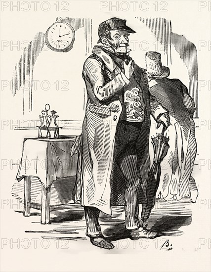 arriving at the restaurant, by Bertall, 1820-1882, Paris, Soyons, France, Europe, 19th century. According to other contemporaries, Bertall has as an illustrator strong originality and as a cartoonist perhaps less finesse and elegance as Gavarni and less grotesque than Daumier, but he is sparkling with gaiety and originality. food and drink, man, clock, liszt gourmet archive