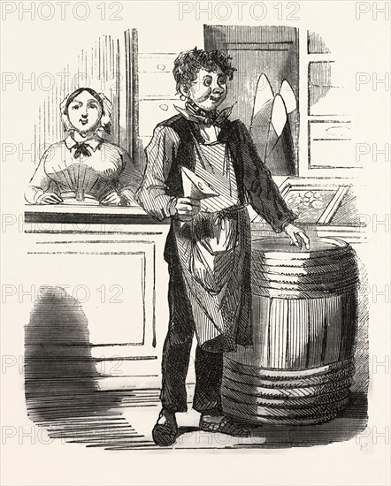 A french food shop,  by Bertall, 1820-1882, Paris, Soyons, France, Europe, 19th century. According to other contemporaries, Bertall has as an illustrator strong originality and as a cartoonist perhaps less finesse and elegance as Gavarni and less grotesque than Daumier, but he is sparkling with gaiety and originality. food and drink, man, woman, barrel, liszt gourmet archive