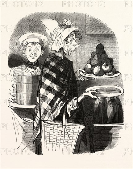 French lady and a cook bring the desserts by Bertall, 1820-1882, Paris, Soyons, France, Europe, 19th century. According to other contemporaries, Bertall has as an illustrator strong originality and as a cartoonist perhaps less finesse and elegance as Gavarni and less grotesque than Daumier, but he is sparkling with gaiety and originality. food and drink, apples, pears, botles, basket, liszt gourmet archive