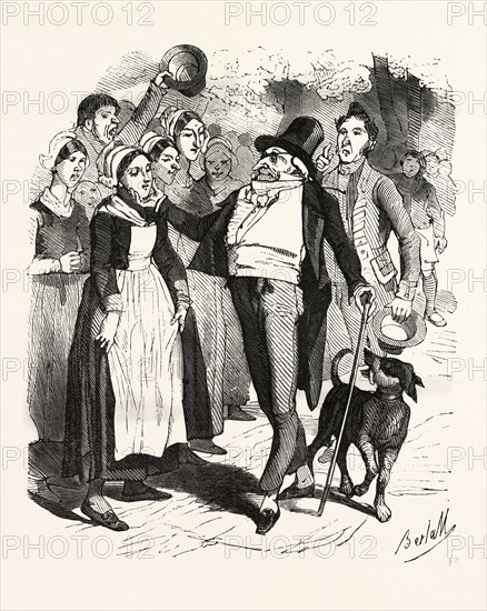 French count and his dog on a walk in the village, by Bertall, 1820-1882, Paris, Soyons, France, Europe, 19th century. According to other contemporaries, Bertall has as an illustrator strong originality and as a cartoonist perhaps less finesse and elegance as Gavarni and less grotesque than Daumier, but he is sparkling with gaiety and originality. food and drink, kitchen girl, liszt gourmet archive