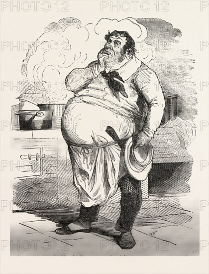 French cook thinking about a new sauce by Bertall, 1820-1882, Paris, Soyons, France, Europe, 19th century. According to other contemporaries, Bertall has as an illustrator strong originality and as a cartoonist perhaps less finesse and elegance as Gavarni and less grotesque than Daumier, but he is sparkling with gaiety and originality. food and drink, man, cook, casserole, saucepan, kitchen, cooking, liszt gourmet archive