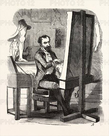 M. Dermilly painter by Bertall, 1820-1882, Paris, Soyons, France, Europe, 19th century. According to other contemporaries, Bertall has as an illustrator strong originality and as a cartoonist perhaps less finesse and elegance as Gavarni and less grotesque than Daumier, but he is sparkling with gaiety and originality. painter, easel, brush, palette, painting, beard