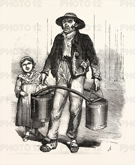Carrying water, by Bertall, 1820-1882, Paris, Soyons, France, Europe, 19th century. According to other contemporaries, Bertall has as an illustrator strong originality and as a cartoonist perhaps less finesse and elegance as Gavarni and less grotesque than Daumier, but he is sparkling with gaiety and originality. food and drink, man, girl, water tanker, tankers, liszt gourmet archive