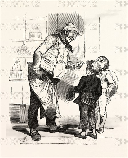 French cook talking with two children by Bertall, 1820-1882, Paris, Soyons, France, Europe, 19th century.According to other contemporaries, Bertall has as an illustrator strong originality and as a cartoonist perhaps less finesse and elegance as Gavarni and less grotesque than Daumier, but he is sparkling with gaiety and originality. food and drink, liszt gourmet archive
