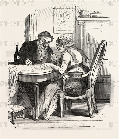 French man and woman playing cards by Bertall, 1820-1882, Paris, Soyons, France, Europe, 19th century. According to other contemporaries, Bertall has as an illustrator strong originality and as a cartoonist perhaps less finesse and elegance as Gavarni and less grotesque than Daumier, but he is sparkling with gaiety and originality. food and drink, liszt gourmet archive