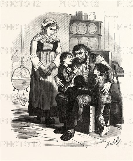 French family in the kitchen by Bertall, 1820-1882, Paris, Soyons, France. interior, kitchen, man, woman, mother, father, children, child, open fire, cooking, pot, 19th century, food and drink. According to other contemporaries, Bertall has as an illustrator strong originality and as a cartoonist perhaps less finesse and elegance as Gavarni and less grotesque than Daumier, but he is sparkling with gaiety and originality, liszt gourmet archive