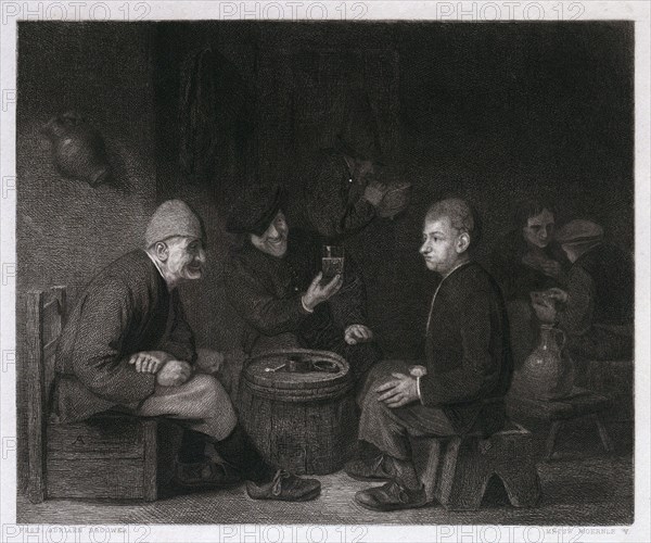 Tasting the wine by Adriaen Brouwer, 1605-1638, Flemish genre painter, Belgium, Holland. drinking and smoking, man, glas, jug, pipe, barrel, 17th century, interior, dutch golden age, domestic, illustration, food and drink, liszt gourmet archive
