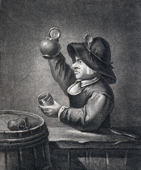 drinking, man, glas, jug, barrel, 17th century, europe, interior, dutch golden age, domestic, illustration, food and drink, liszt gourmet archive