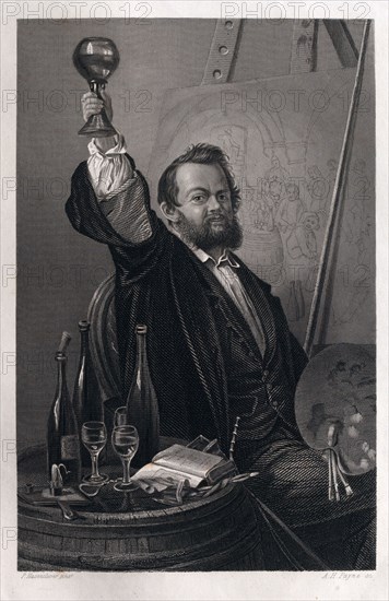 Portrait of the painter Peter Hasenclever, 1810-53, German, known mostly for his genre subjects, food and drink. glass, roemer, painter, palette, painting, table, book, glasses, wineglasses, winebottles, winebottle, candle, beard, cork, drink, alcohol, caucasian, happiness, happy, man, male, 19th century, wine, liszt gourmet archive