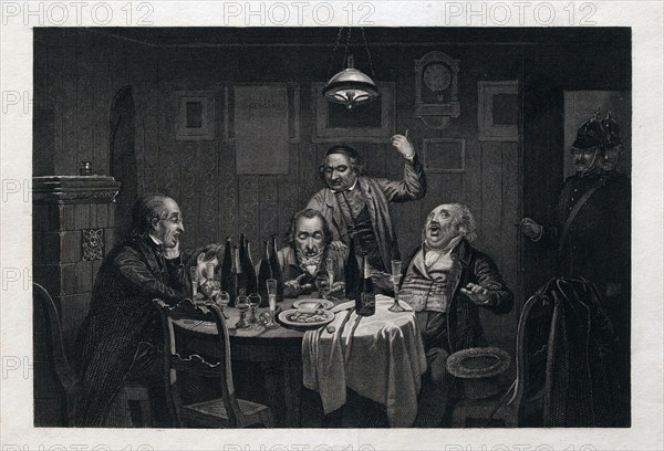 The guests, 1864, food and drink, table, bottle, bottles, glass, glasses, wine, champagne, man, singing, song, pub, walking stick, chair, chairs, plates, oysters, police, 19th century, lamp, alcohol, celebration, people, wineglass, caucasian, restaurant, happy, happiness, beverage, friendship, male, joy, fun, night, lifestyle, together, gourmet, gathering, joyful, viticulture, evening, indoor, liszt gourmet archive