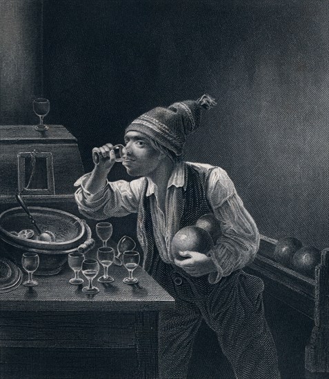 Interior by J.P. Hasenclever, 1810-1853, German, Germany, biedermeier, central Europe, dring wine, eight glasses, bowling, bowling ball, bowling balls, recreation, illustration, indoor, recreational, man, hat, 19th century, food and drink, liszt gourmet archive