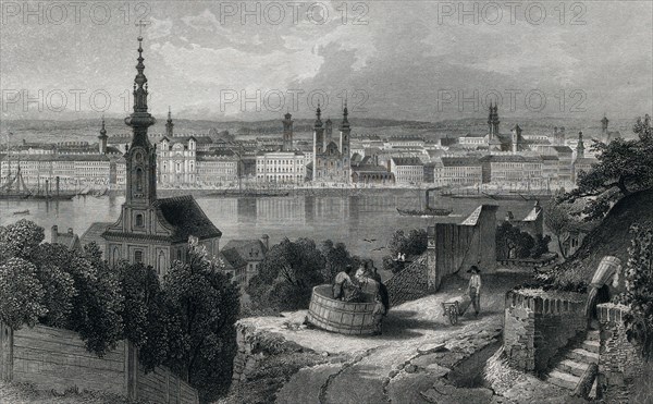 Budapest, Pest, Buda, Raitzenstadt, Taban, Hungary, 19th century. Art work by Ludwig Rohbock, 1820, 1883, German, Donau, river, people, town, curch, churches, food and drink, liszt gourmet archive