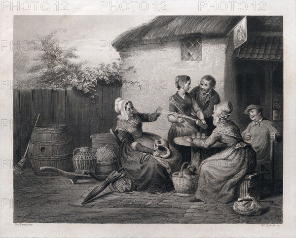 A glass of champagne at home, bottle, glasses, woman, man, baskets, umbrella, 19th century, jug. Art work by De Bruycker, Ghent, Gent, 1816-1882, Belgium. food and drink, liszt gourmet archive